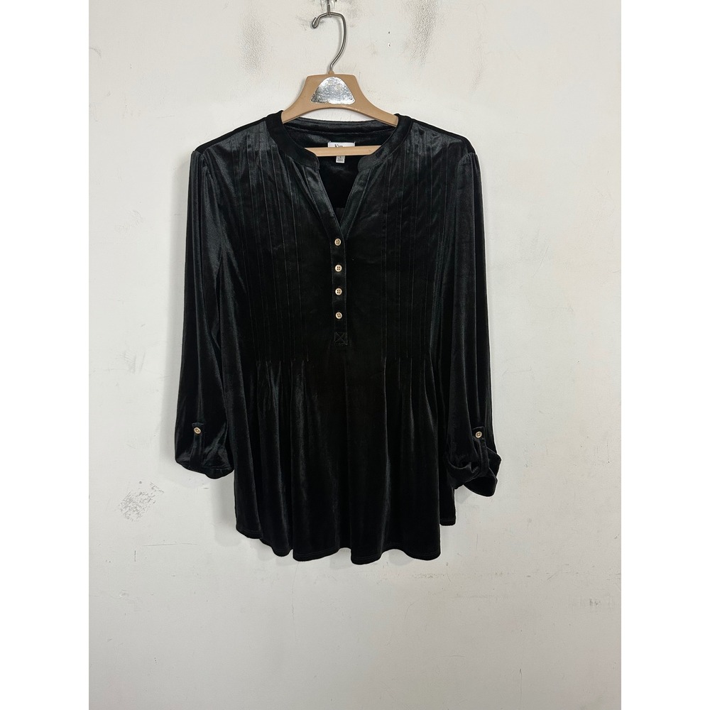 Kim Rogers Black Velvet Pintuck Tunic Top 3/4 Roll Tab Sleeve Large